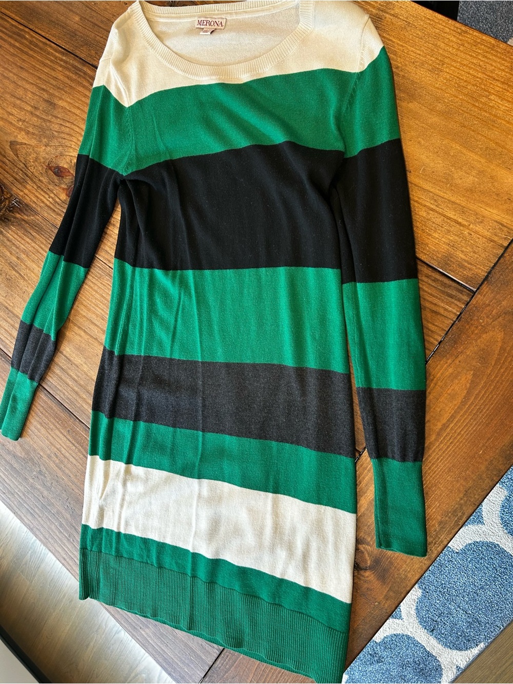 Merona Green, Black & Cream Striped Crewneck Sweater Dress